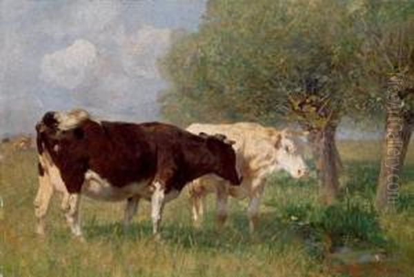 Two Cows In The Pasture Oil Painting by Heinrich Johann Von Zugel