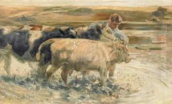 Boy With Two Cows In The Ford Oil Painting by Heinrich Johann Von Zugel