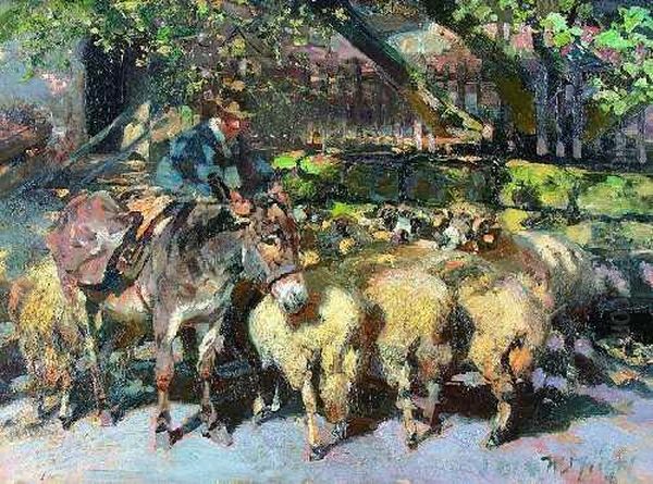 Hirte Mit Schafherde Und Maultier Oil Painting by Heinrich Johann Von Zugel