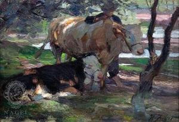 Cows Withtheir Keeper Under Tress Oil Painting by Heinrich Johann Von Zugel