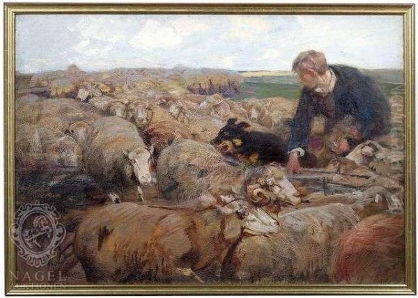 Flock Ofsheep With Herdsman Oil Painting by Heinrich Johann Von Zugel