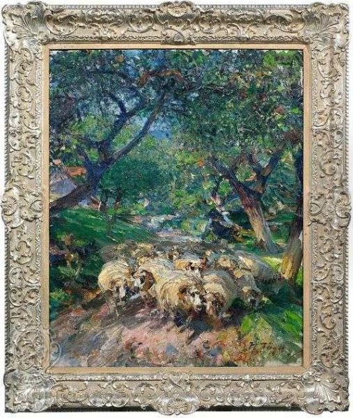 Flock Of Sheep Conducted By A German Shepherd. Oil Painting by Heinrich Johann Von Zugel