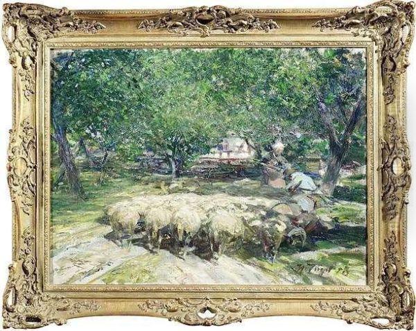 Flock Ofsheep In Front Of Wolkenhof Oil Painting by Heinrich Johann Von Zugel