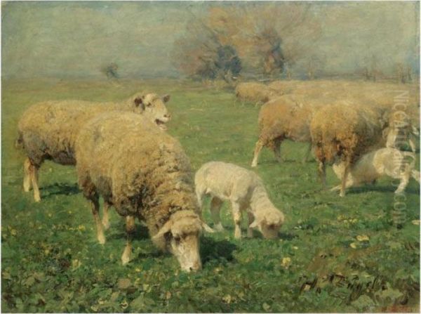 Schafherde Auf Der Weide (sheep In A Meadow) Oil Painting by Heinrich Johann Von Zugel