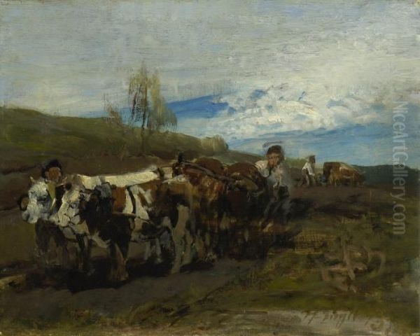 Ochsenviergespann. Oil Painting by Heinrich Johann Von Zugel