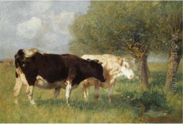 Zwei Rinder Auf Der Weide (two Cows In A Meadow) Oil Painting by Heinrich Johann Von Zugel