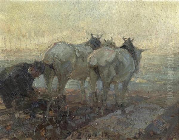 Farmer With Horses. 1917. Oil Painting by Heinrich Johann Von Zugel