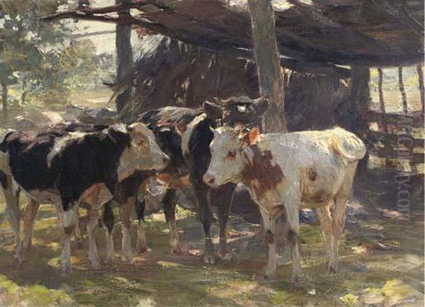 Cattle In Front Of A Stable Oil Painting by Heinrich Johann Von Zugel