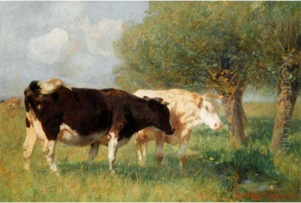 Zwei Rinder Auf Der Weide (two Cows In A Meadow) Oil Painting by Heinrich Johann Von Zugel