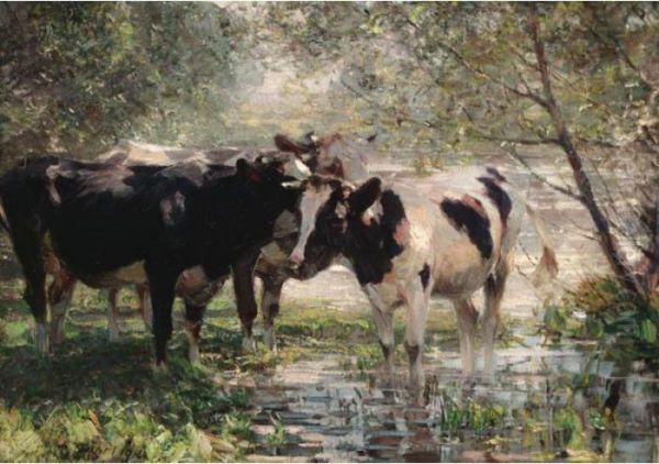 Drei Kuhe Am Bach (three Cows By A River) Oil Painting by Heinrich Johann Von Zugel