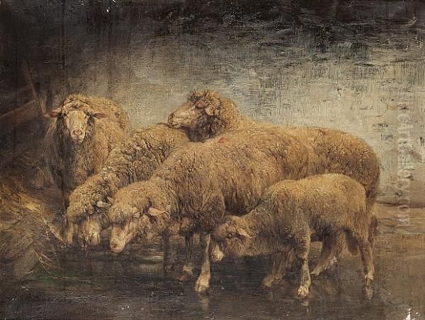 Sheep In A Barn Oil Painting by Heinrich Johann Von Zugel