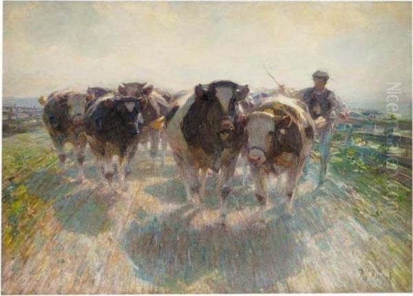 Viehtrieb Auf Der Inselstrasse (driving The Cows) Oil Painting by Heinrich Johann Von Zugel