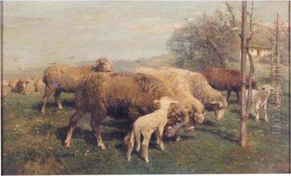 Schafe Auf Der Weide (sheep In A Pasture) Oil Painting by Heinrich Johann Von Zugel