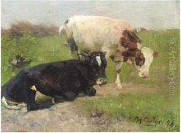 Cows In A Meadow Oil Painting by Heinrich Johann Von Zugel