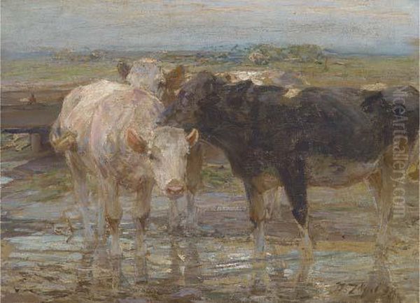 Cattle Watering Oil Painting by Heinrich Johann Von Zugel