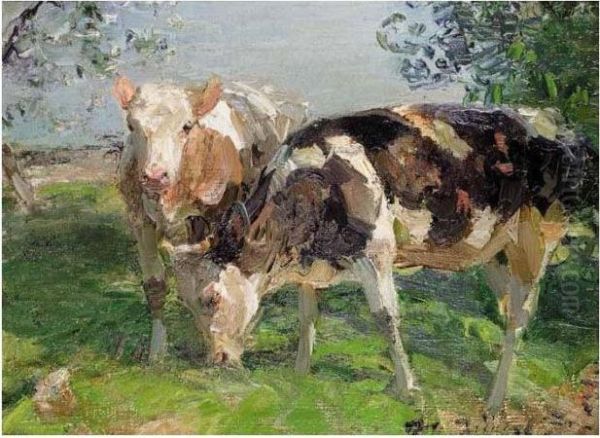 Two Calves Oil Painting by Heinrich Johann Von Zugel