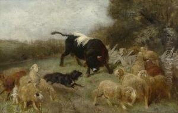 Ausgebrochener Bulle. Oil Painting by Heinrich Johann Von Zugel