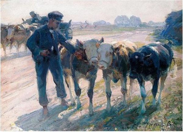 Bauer Und Drei Kalber (farmer Leading His Calves) Oil Painting by Heinrich Johann Von Zugel