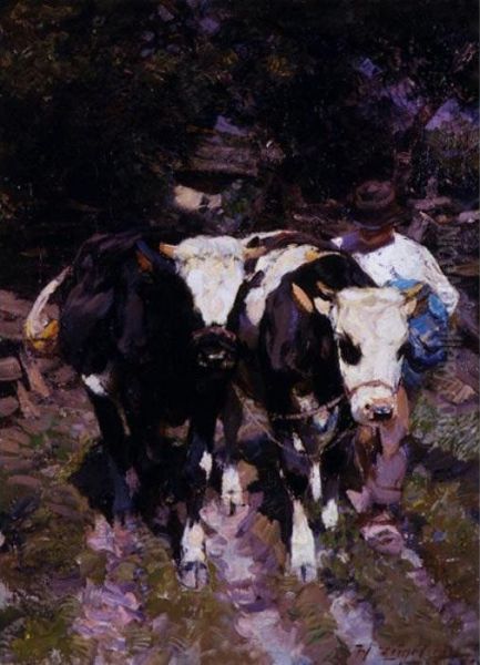 Two Harnessed Calves Oil Painting by Heinrich Johann Von Zugel