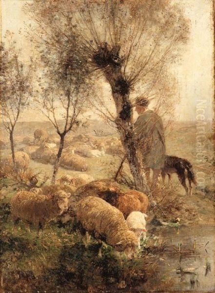 A Shepherd Tending His Flock Oil Painting by Heinrich Johann Von Zugel