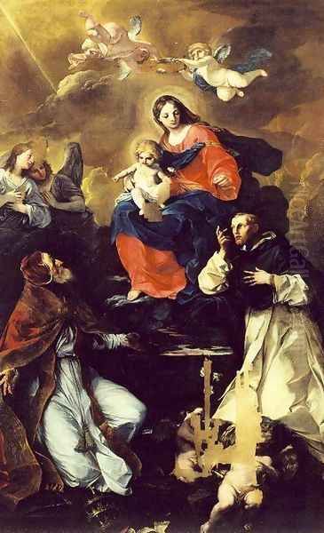 Virgin and Child with Angels and Saints 1700s Oil Painting by Felice Torelli