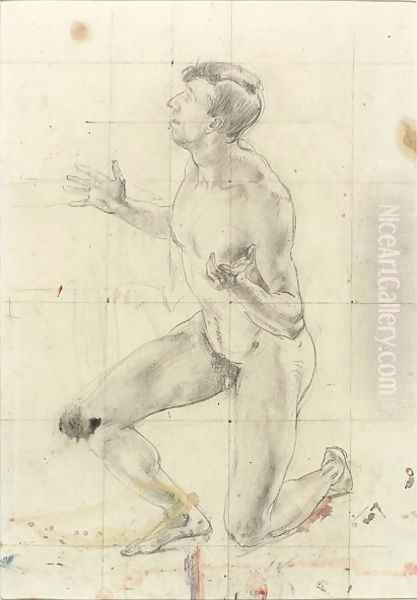 Study of a Kneeling Nude Man, turned to the left Oil Painting by Henry Tonks