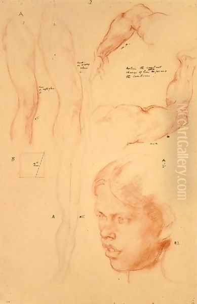 Annotated demonstration, Drawings and a Study of a Girl's Head Oil Painting by Henry Tonks