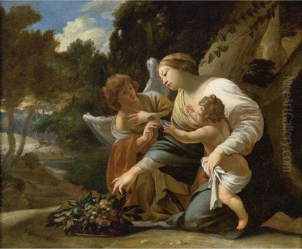 The Virgin And Child With An Angel In A Landscape Oil Painting by Aubin Vouet