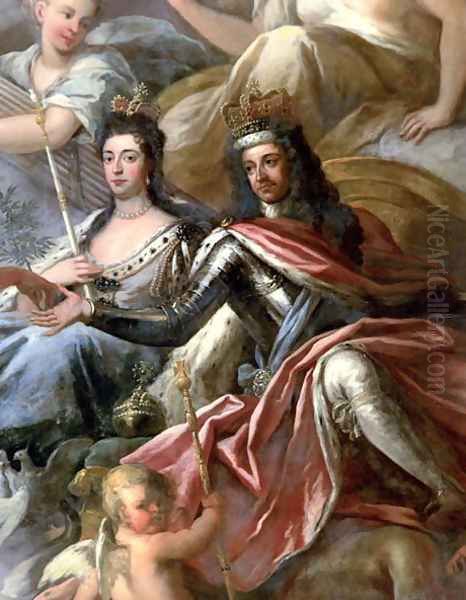 Ceiling of the Painted Hall, detail of King William III 1650-1702 and Queen Mary II 1662-94 Enthroned, 1707-14 Oil Painting by Sir James Thornhill