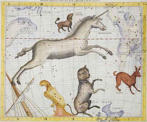 Constellation of Monoceros with Canis Major and Minor, plate 13 from Atlas Coelestis, by John Flamsteed 1646-1710, published 1729 Oil Painting by Sir James Thornhill