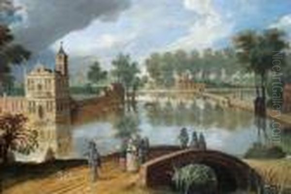 Elegante Assemblee Sur Un Pont Enjambant Les Douves D'un Chateau Renaissance Oil Painting by Sebastien Vrancx