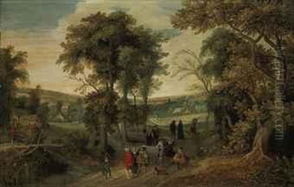 A Wooded Landscape With Elegant Figures Riding, Shooting Andconversing, A Village Beyond by Sebastien Vrancx