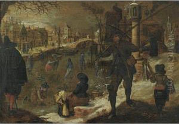 A Winter Landscape With Skaters On A Frozen Canal Oil Painting by Sebastien Vrancx