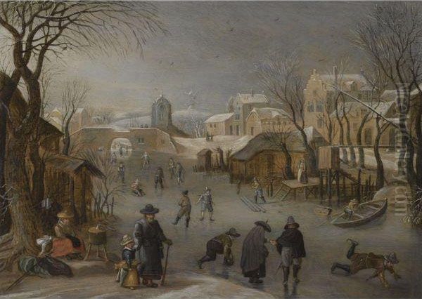 A Winter Landscape With Skaters On A Frozen Canal Oil Painting by Sebastien Vrancx