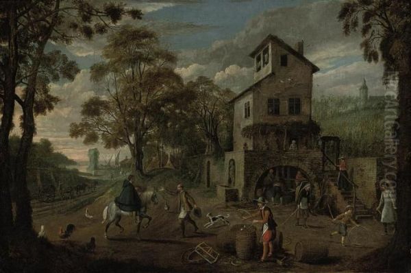 Autumn: A Village Landscape With
 A Cooper At Work And Peasantspressing Grapes, A Vineyard Beyond Oil Painting by Sebastien Vrancx