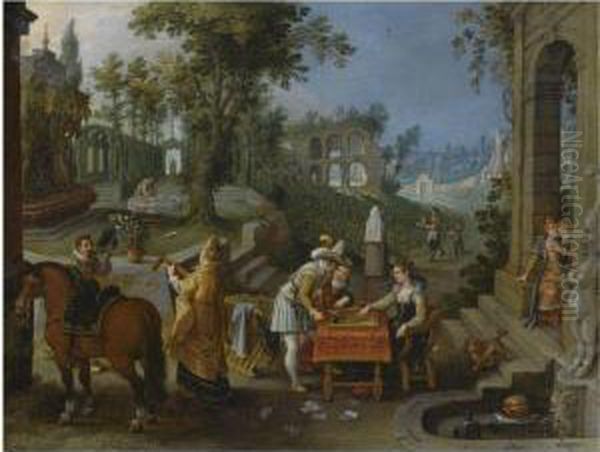 A Palace Garden With Elegant Figures Playing Backgammon Oil Painting by Sebastien Vrancx