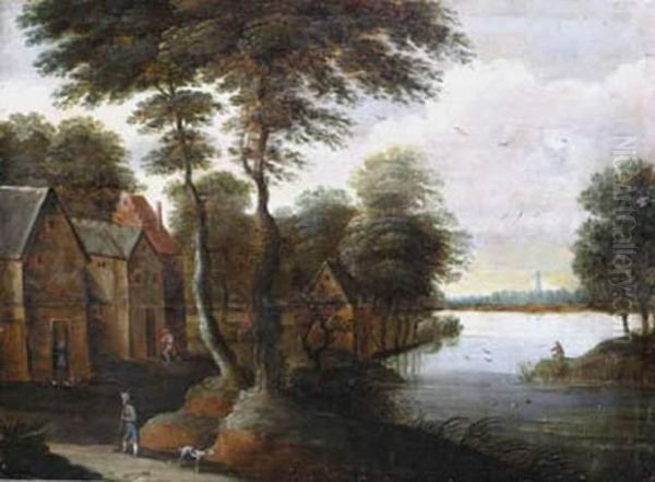 Landscape By A River With Peasants Oil Painting by Sebastien Vrancx