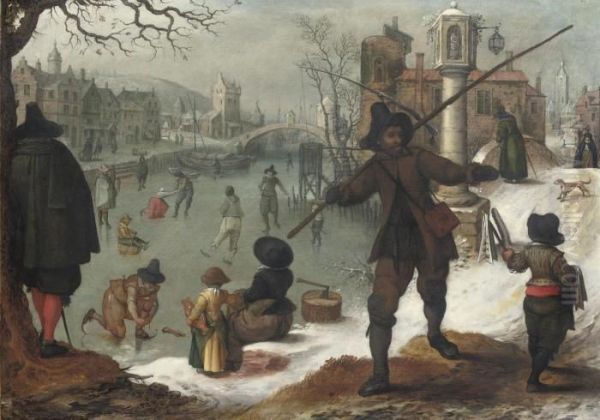 Skaters On A Frozen Waterway In A Town Oil Painting by Sebastien Vrancx