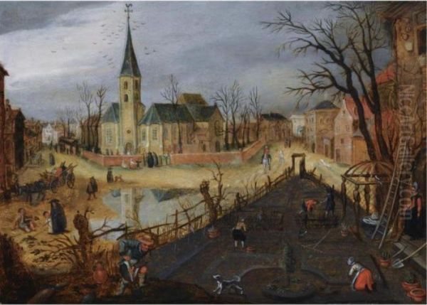 A Village Landscape With Figures Working The Land In The Foreground Oil Painting by Sebastien Vrancx