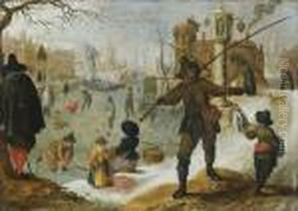 Allegorie De L'hiver: Promeneurs Et Patineurs Dans Une Ville Sous La Neige Oil Painting by Sebastien Vrancx