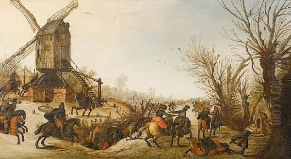 Travellers Ambushed On A Snow-covered Pathbefore A Windmill Oil Painting by Sebastien Vrancx