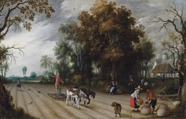 An Allegory Of Autumn: A Farmer 
Harrowing A Field While Anothersows, With Peasants Gathering Apples In 
An Orchard Beyond Oil Painting by Sebastien Vrancx