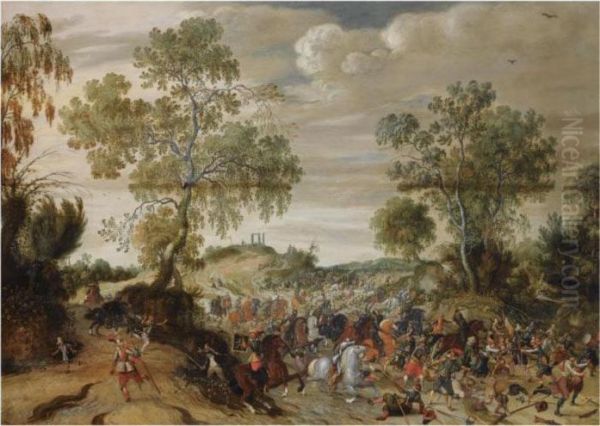 A Skirmish In A Wooded Landscape Oil Painting by Sebastien Vrancx