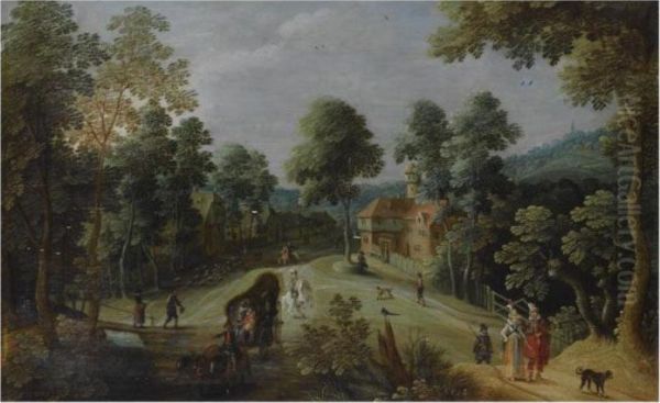 A Wooded Hilly Landscape With 
Elegant Travellers And A Horse-drawn Wagon On A Path, Near A Village Oil Painting by Sebastien Vrancx