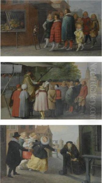 A Crowd Watching An Entertaining Monkey;
 A Salesman Addressing A Crowd;
 A Woman Escaping The Clutch Of Three Men As A Seated Gentleman Looks On Oil Painting by Sebastien Vrancx