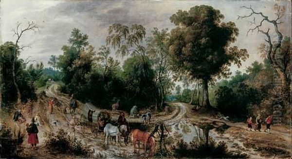 A Wooded Landscape With 
Travellers In A Horse-drawn Cart, Peasants And Cattle On A Country Road Oil Painting by Sebastien Vrancx