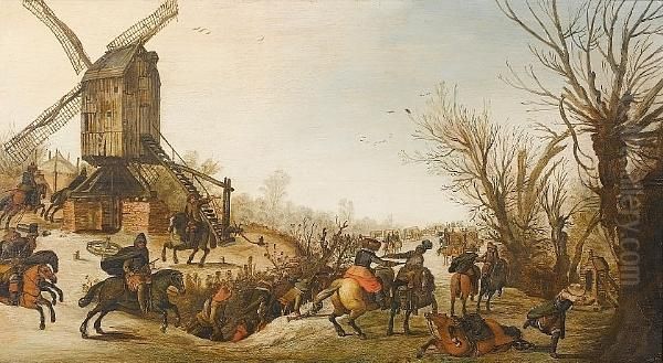 Travellers Ambushed On A Snow-covered Path Before A Windmill Oil Painting by Sebastien Vrancx