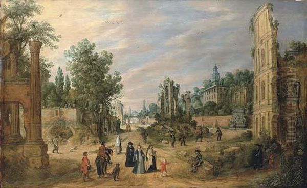 A Capriccio Of The Campo Vaccino, Rome, With Elegant Company And Peasants Oil Painting by Sebastien Vrancx