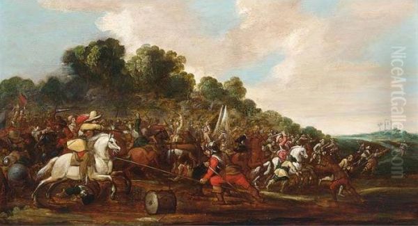 A Cavalry Battle Scene Oil Painting by Sebastien Vrancx