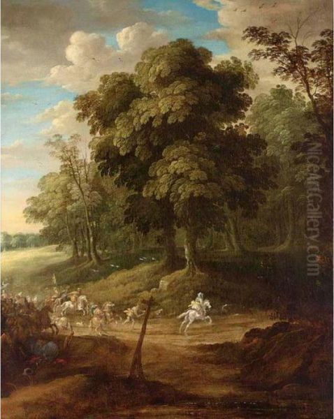 A Cavalry Battle Scene In A Wooded Landscape Oil Painting by Sebastien Vrancx